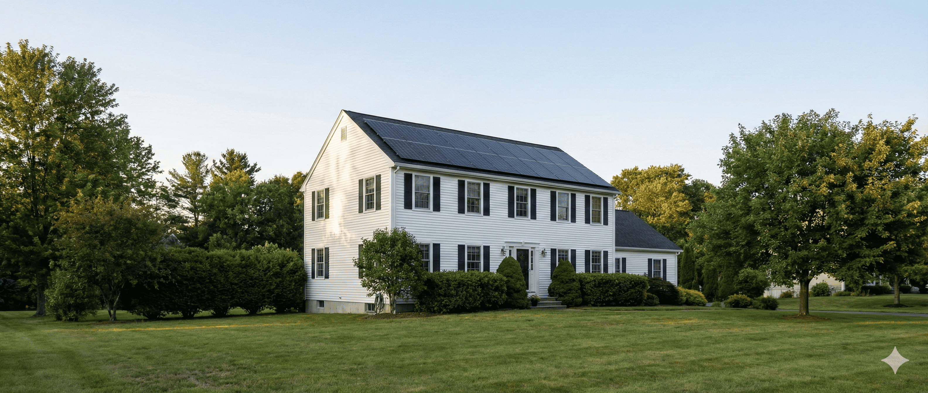 Beautiful colonial home with solar panels installed on roof