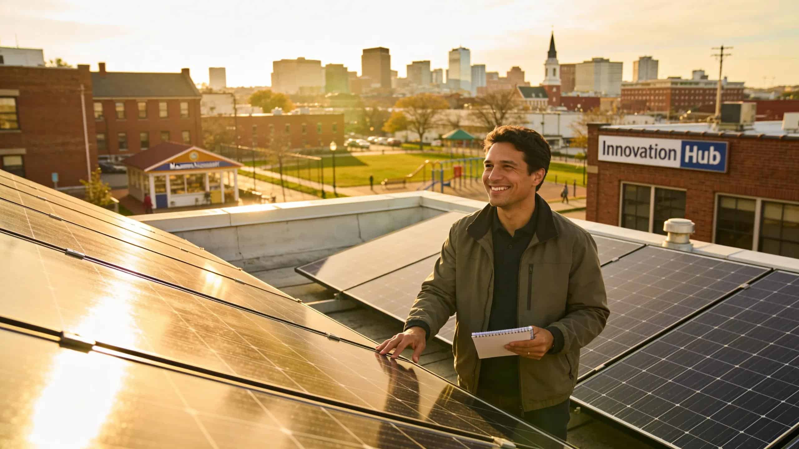 Business owner surveying solar panels on a rooftop in Massachusetts, emphasizing benefits of solar financing