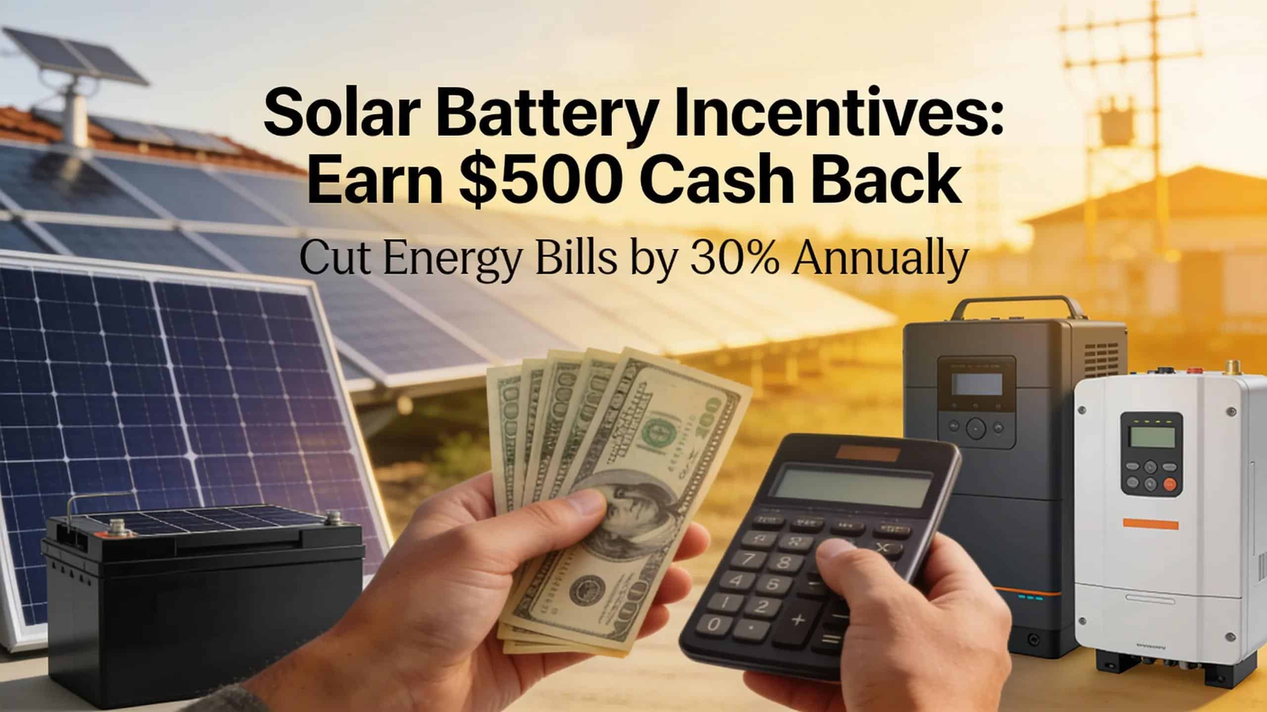 Close-up of hands calculating savings from solar battery installations, showing financial incentives