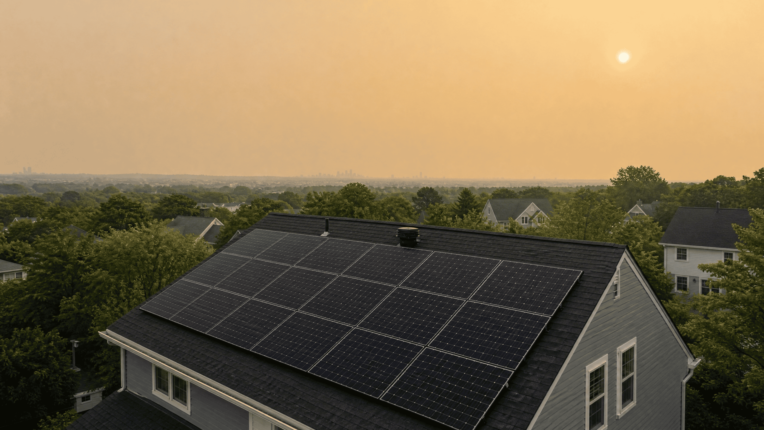 Wildfire smoke hanging over a Boston, Massachusetts home with solar panels on the roof.