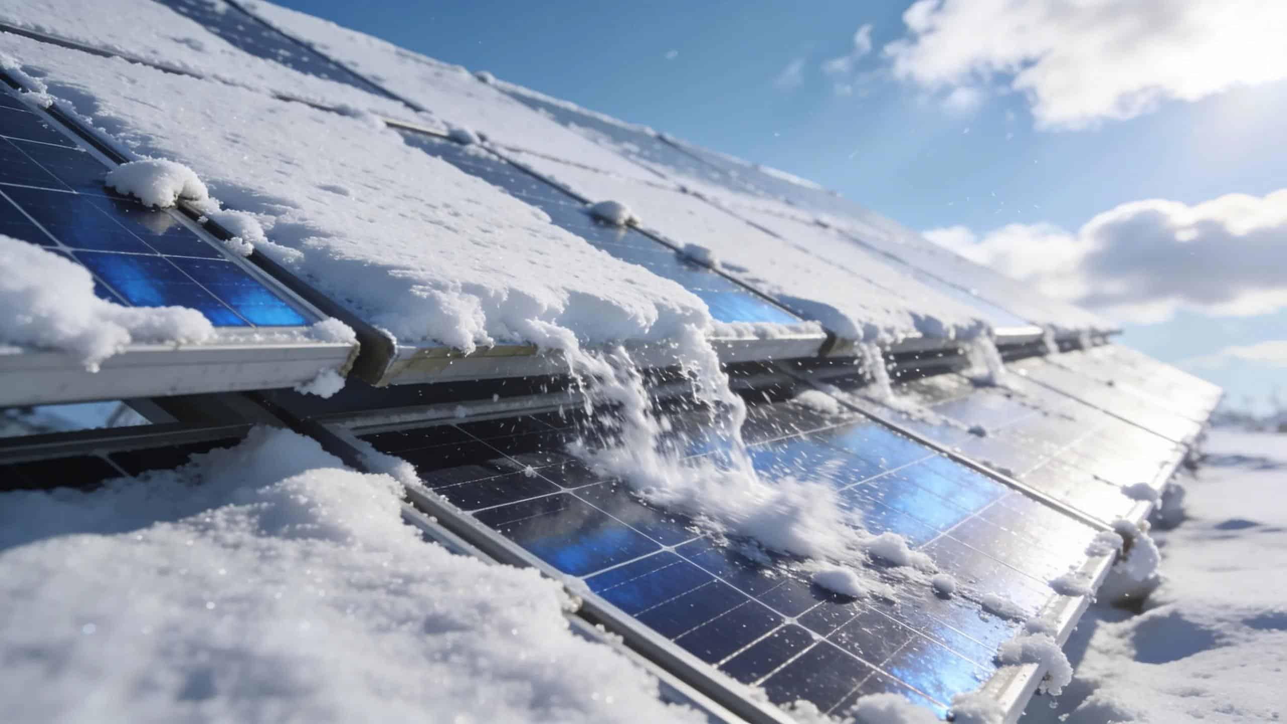 Snow sliding off solar panels illustrating performance in winter weather