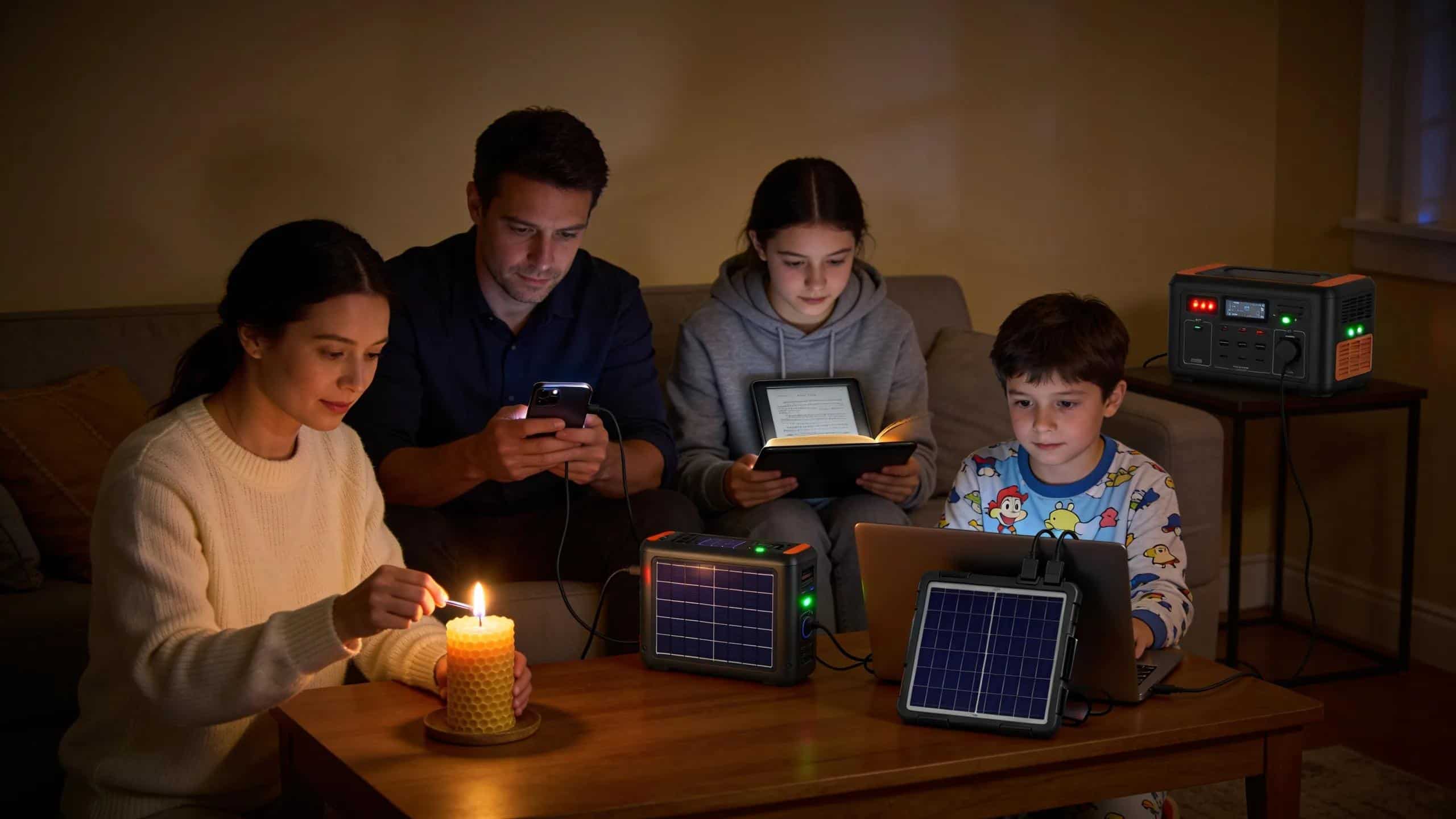 Family using solar battery storage during a power outage, illustrating energy reliability