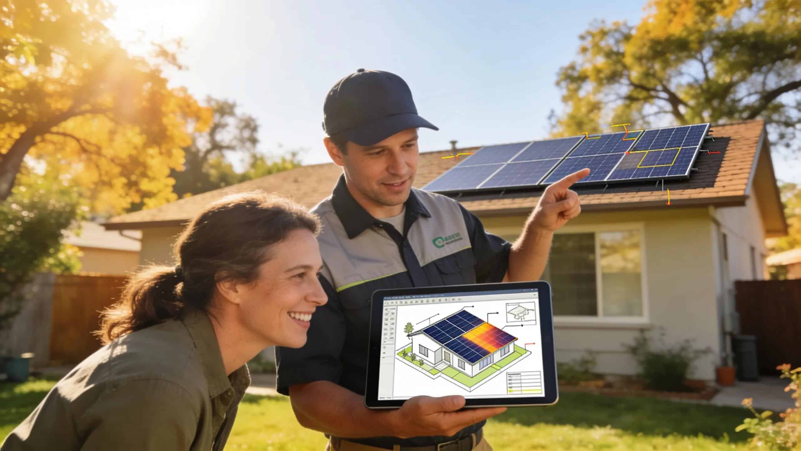 Solar specialist assessing home for custom solar panel designs with homeowner