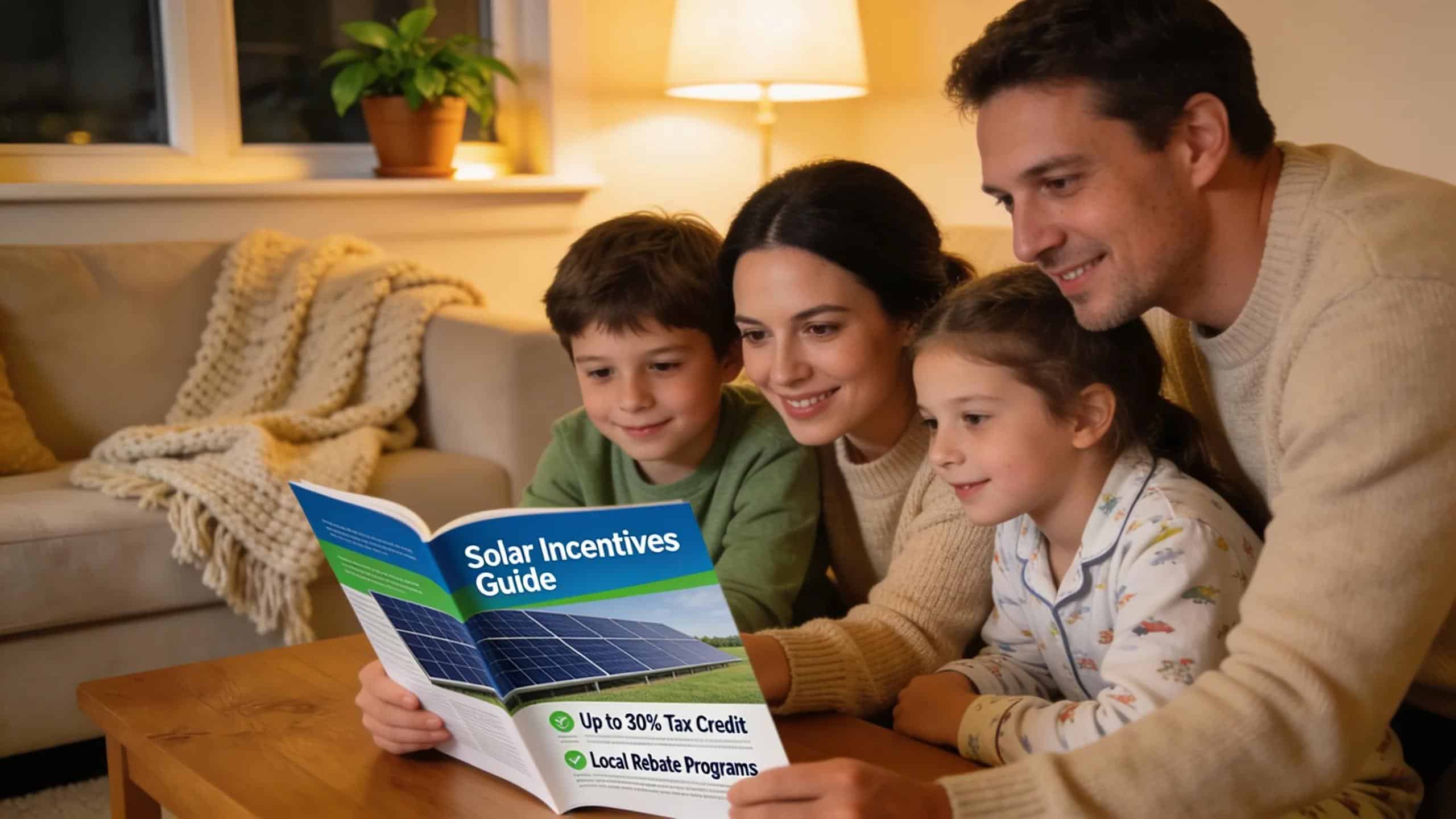 Family exploring solar incentives and financing options in a comfortable living room setting