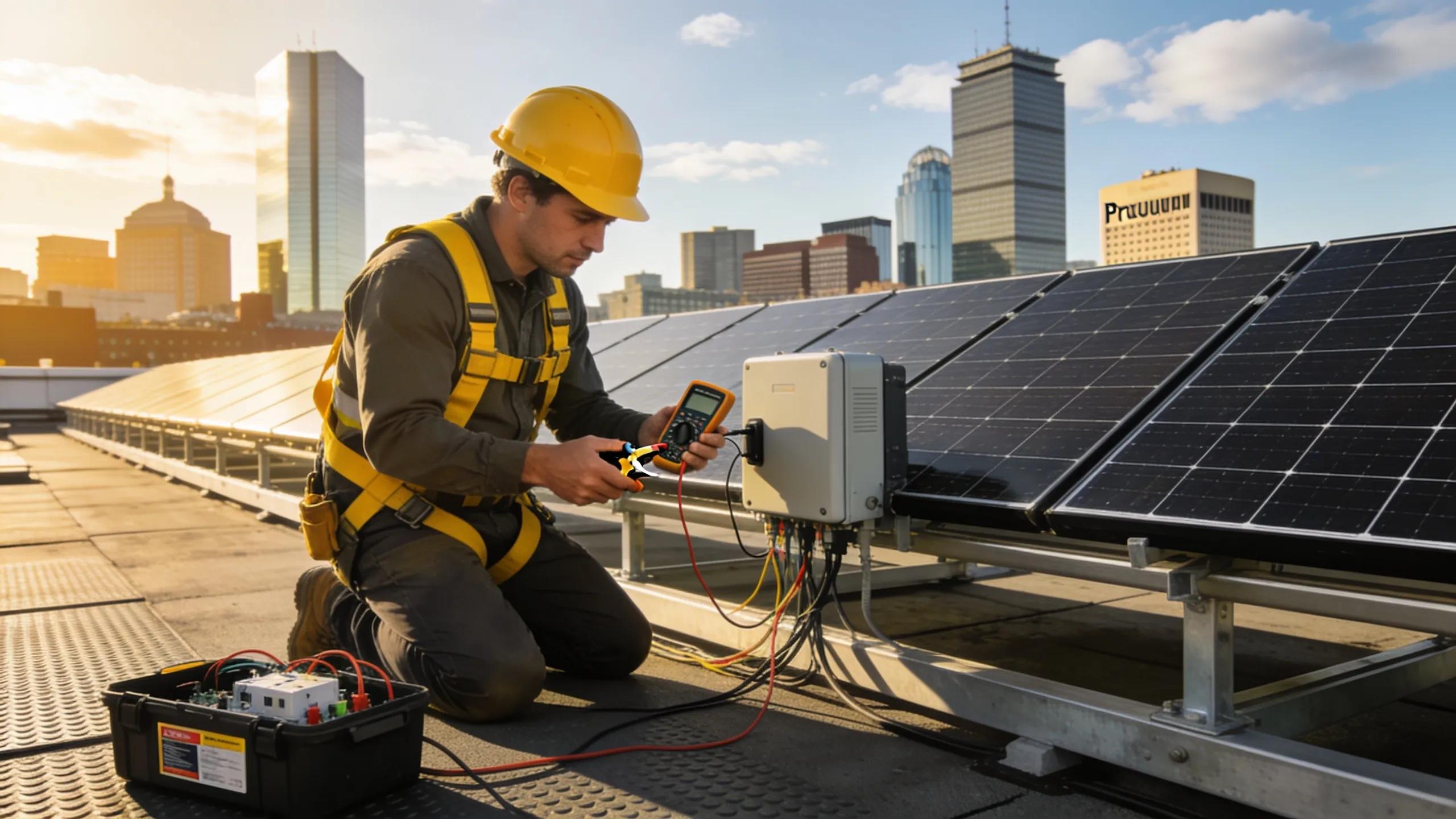 Solar panel installation process on a rooftop, highlighting guidelines for commercial properties in Boston