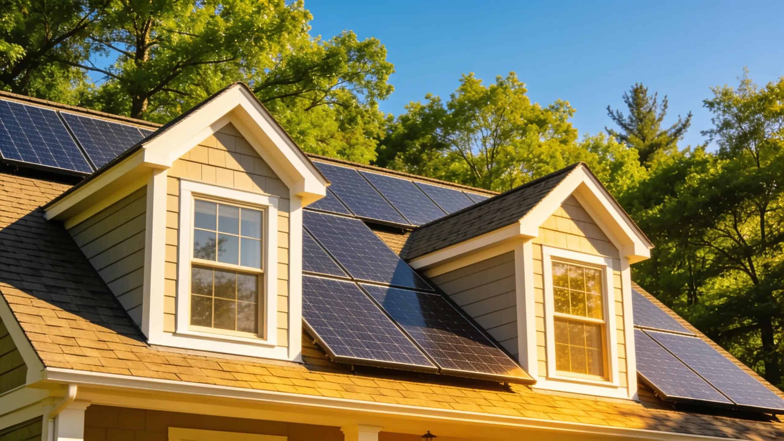 House with solar panels under a clear blue sky reflecting sustainable energy usage