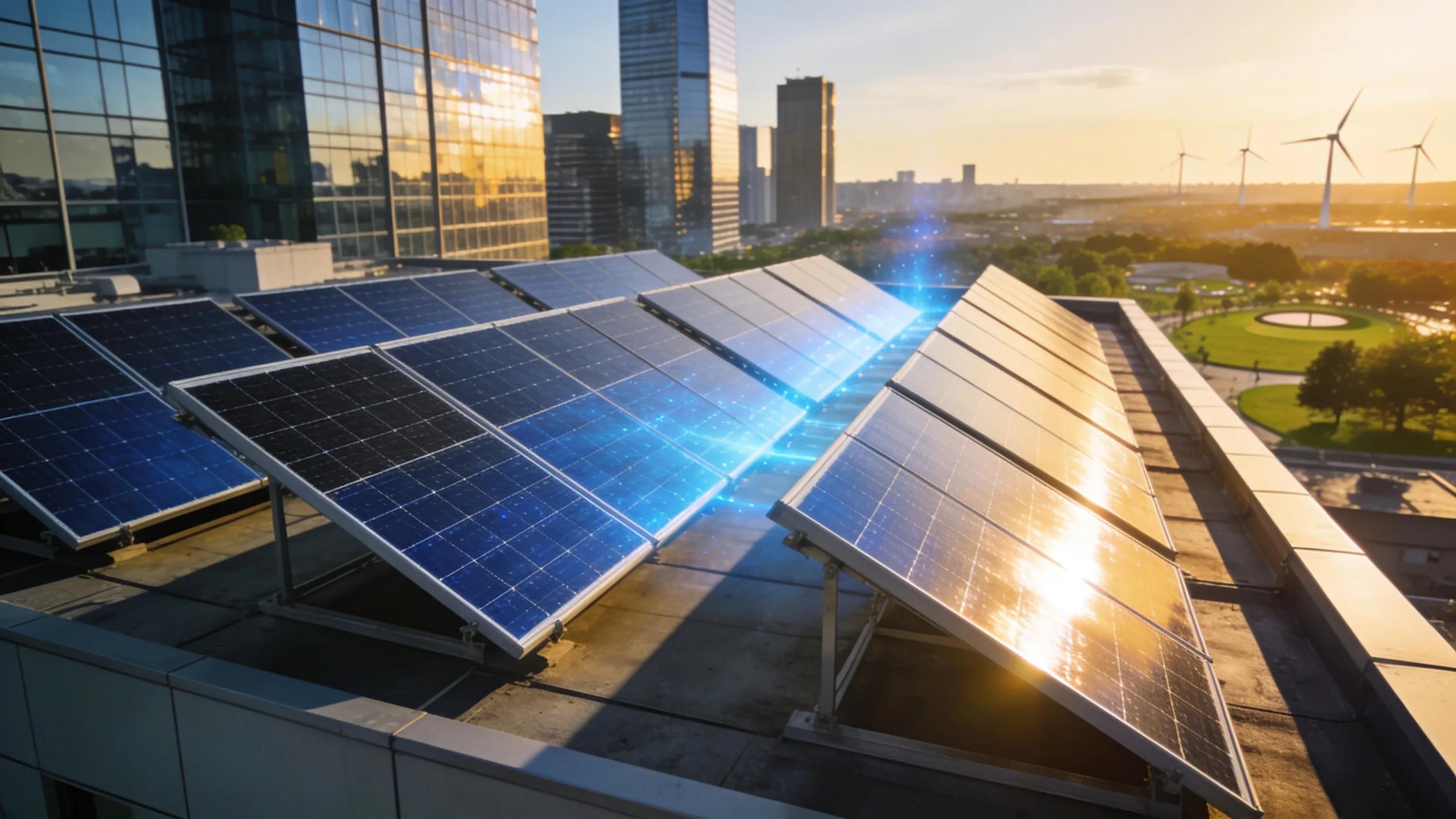 Commercial building rooftop with solar panels, representing solar energy's role in meeting emission goals under BERDO 2.0