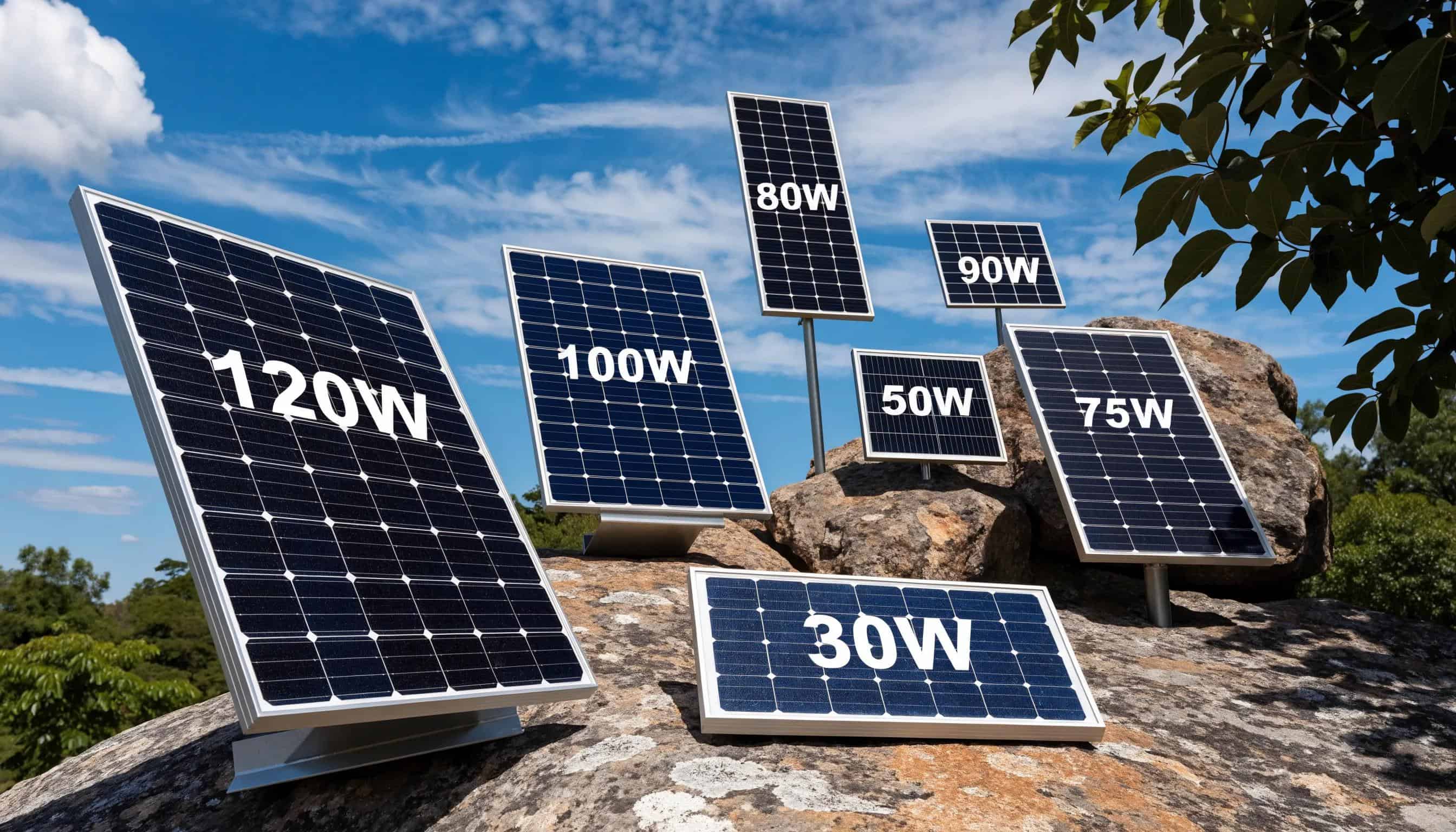 Close-up of various solar panels illustrating different wattage ratings for comparison