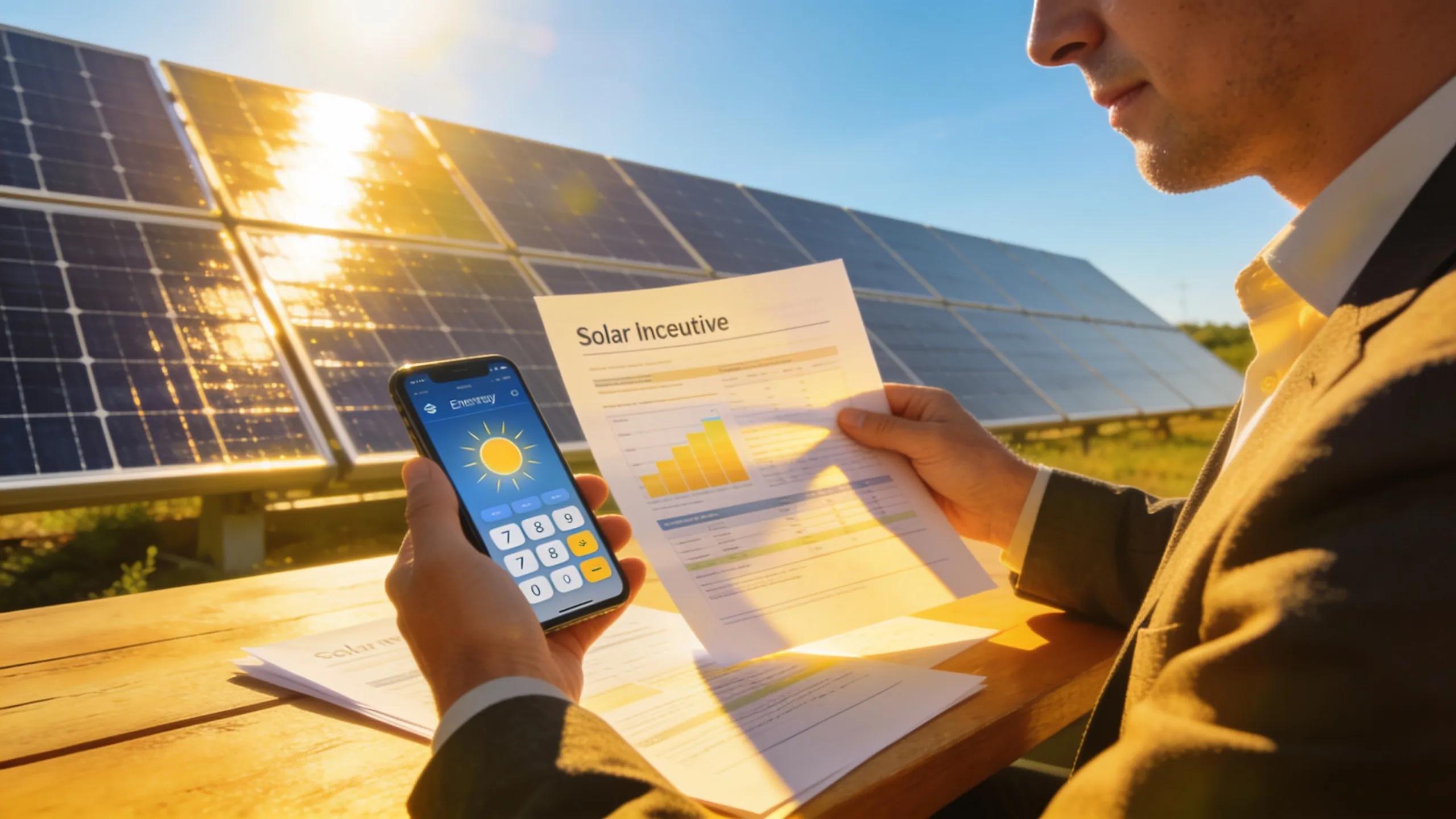 Business owner reviewing solar incentives for renewable energy adoption, showcasing encouragement for compliance with BERDO