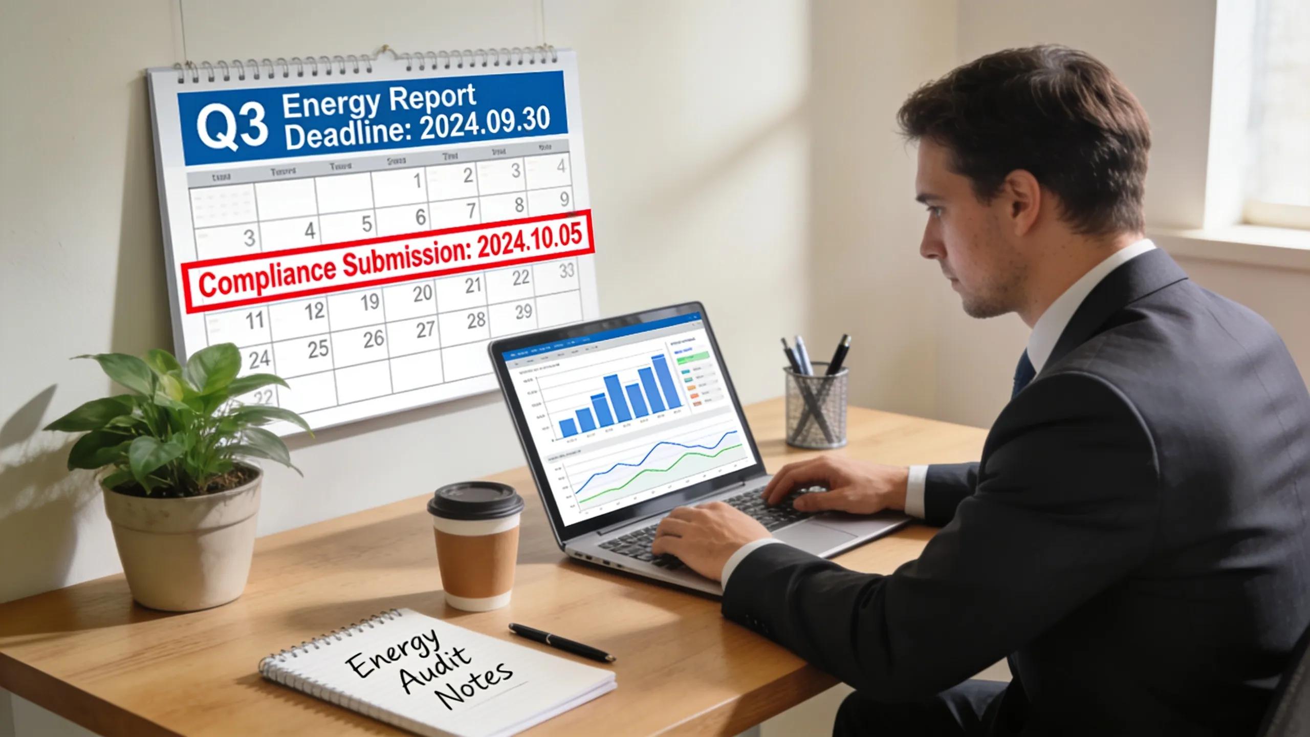 Business professional analyzing energy usage data with a laptop in a modern office, illustrating the process of reporting for BERDO compliance