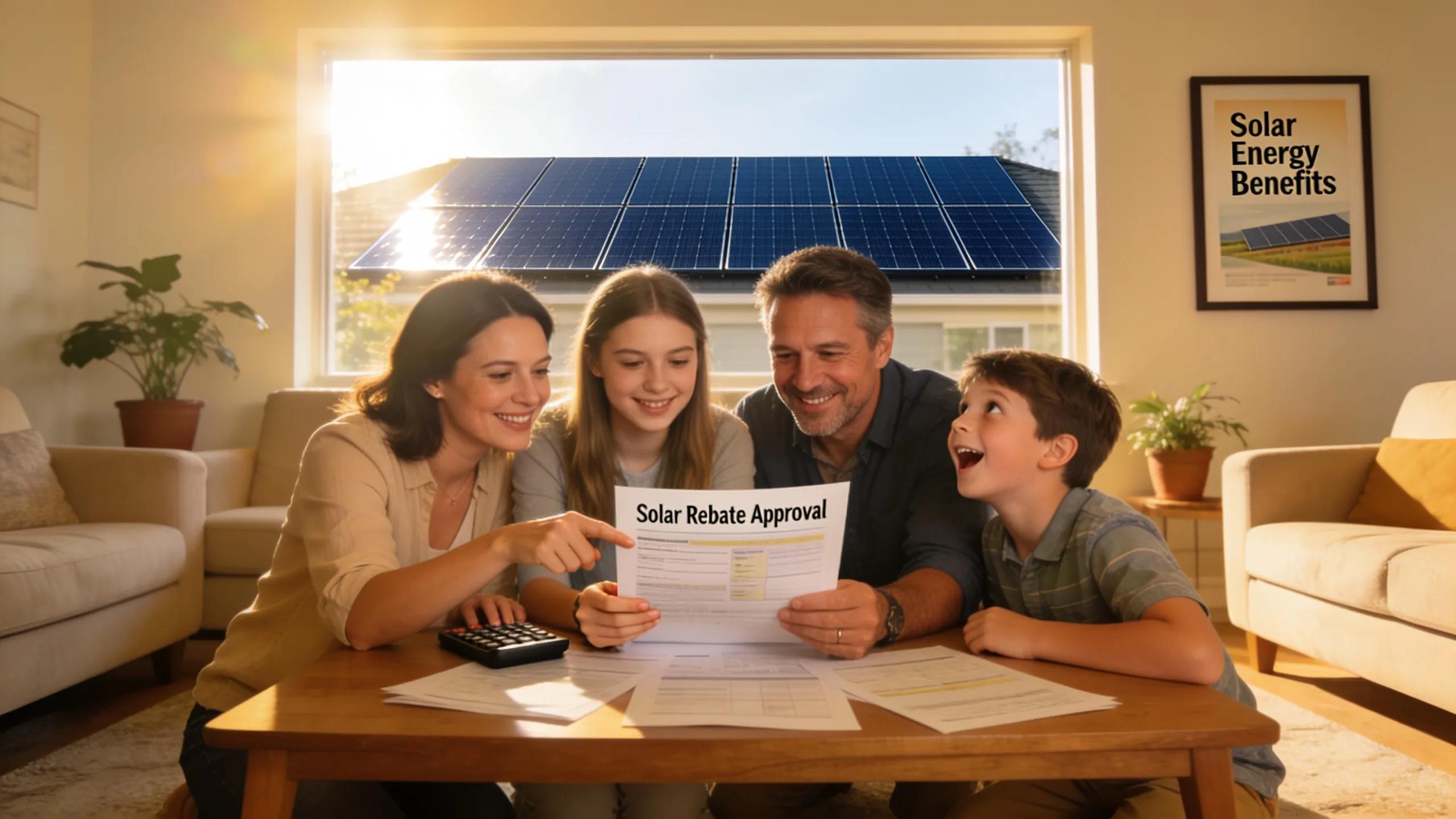 Family discussing solar rebates and incentives in their home, illustrating financial benefits of solar energy