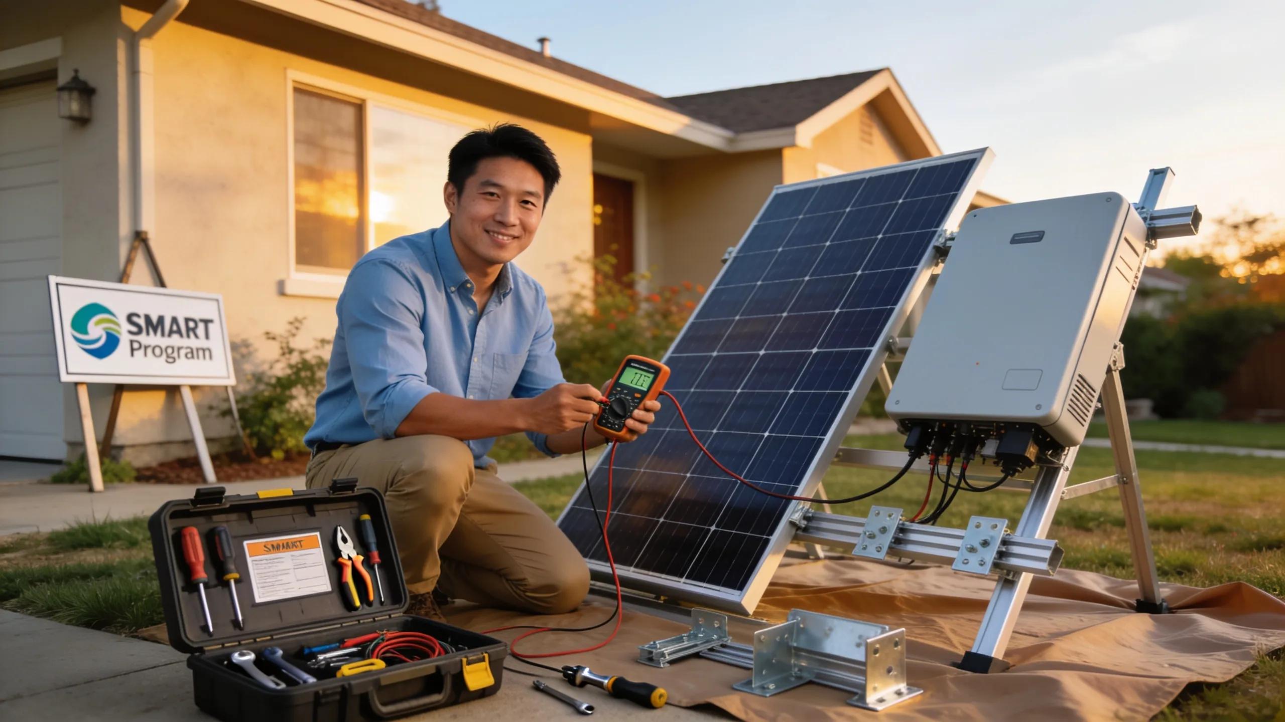 Homeowner reviewing solar panel installation, illustrating engagement with solar incentives and energy savings