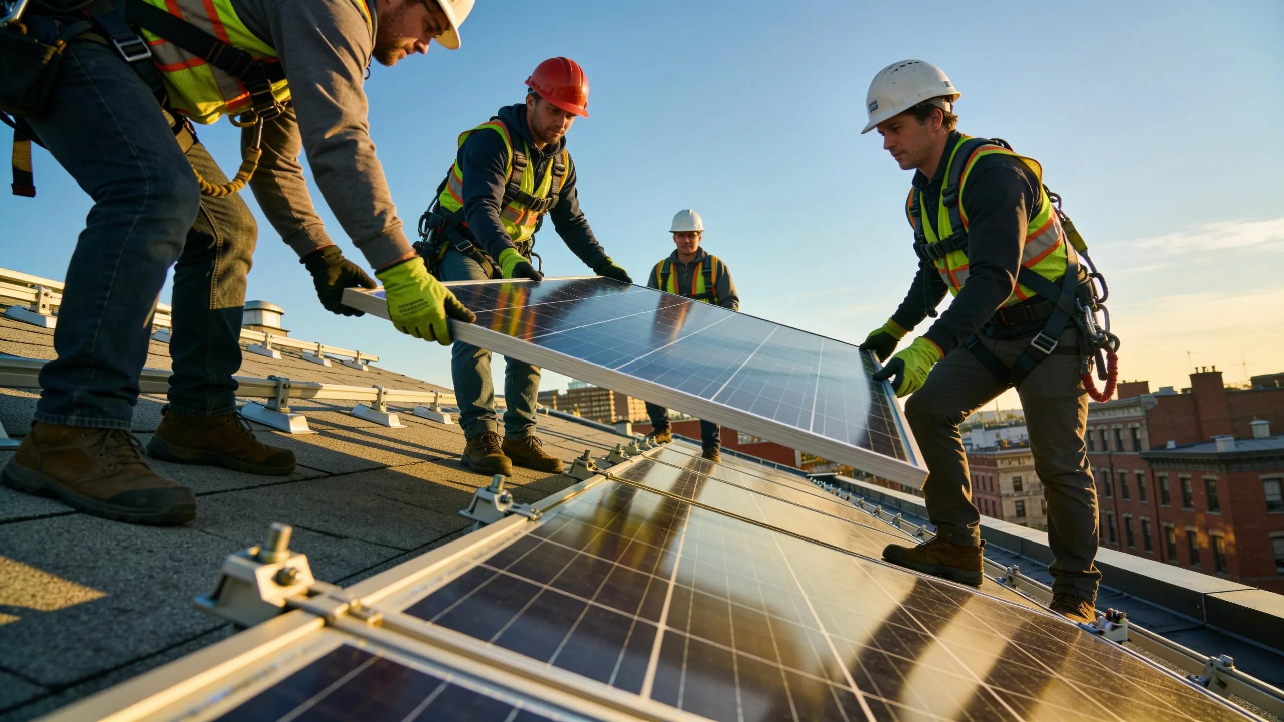 Solar installation team working on rooftop, highlighting Boston Solar’s role in aiding the SMART Program