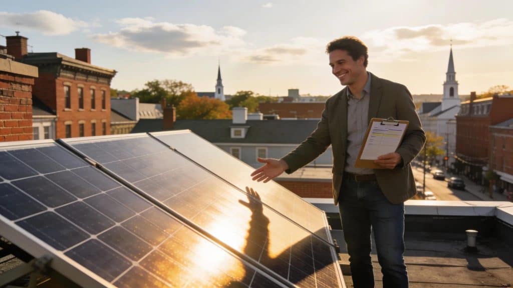 Business owner surveying solar panels on a rooftop in Massachusetts, emphasizing benefits of solar financing
