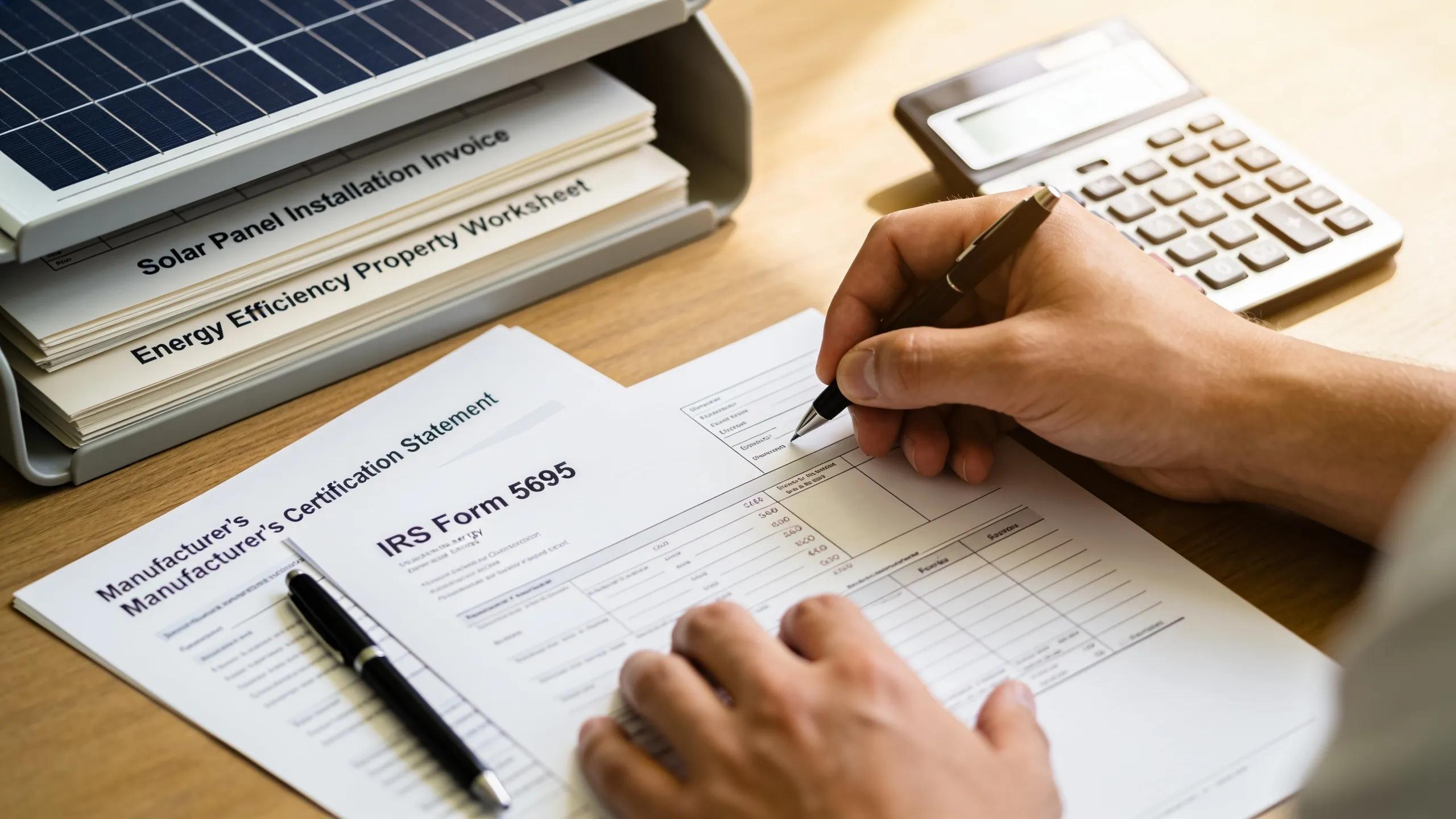 Hands filling out IRS Form 5695 for solar tax credit application